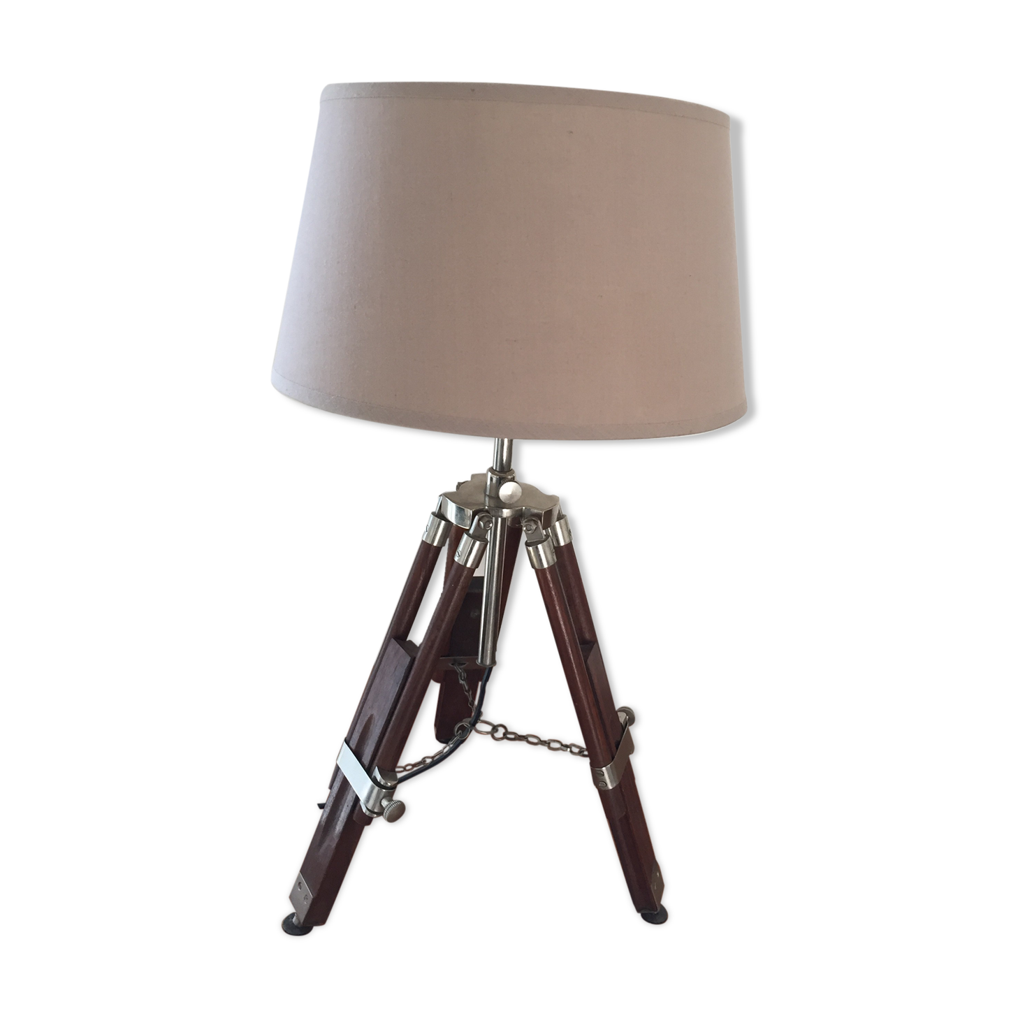 Lampe de marine tripode bois et métal argent