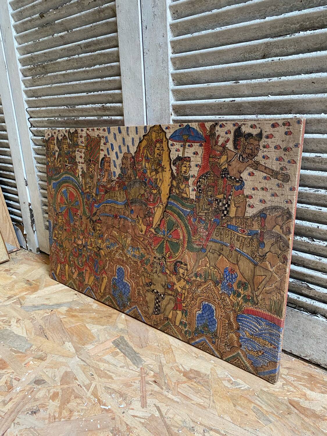 Ancien kamasan textile peint main bali mythologie guerre vintage