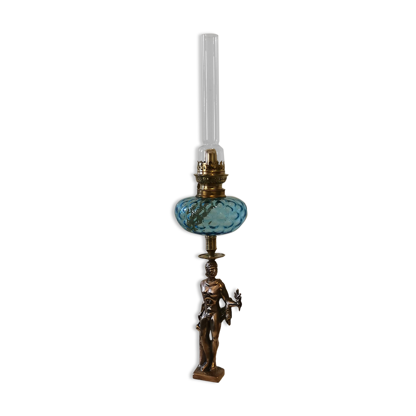 Large kerosene lamp mounted on bronze statue. Late nineteenth century