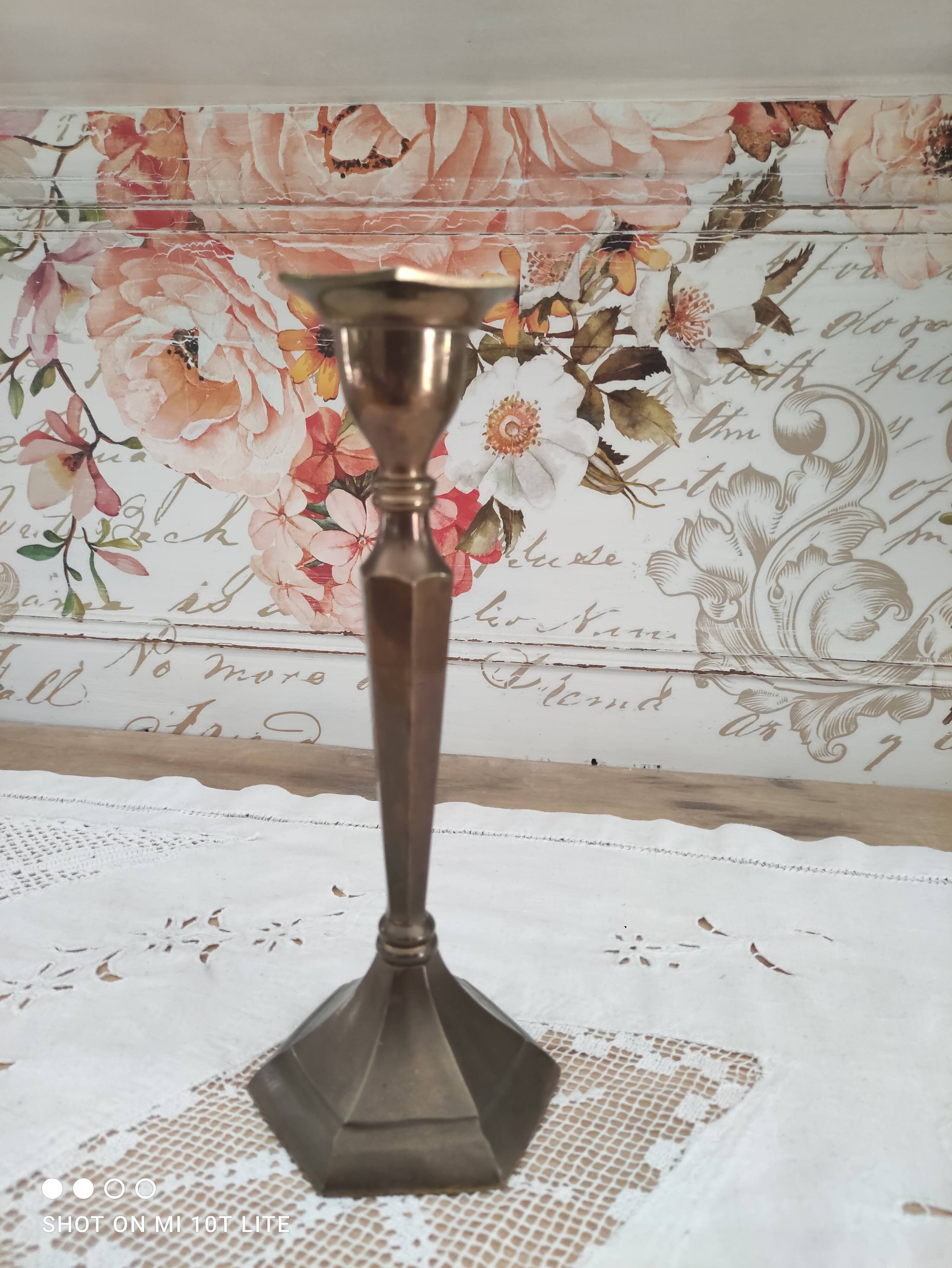 Brass candle holder high hexagonal foot