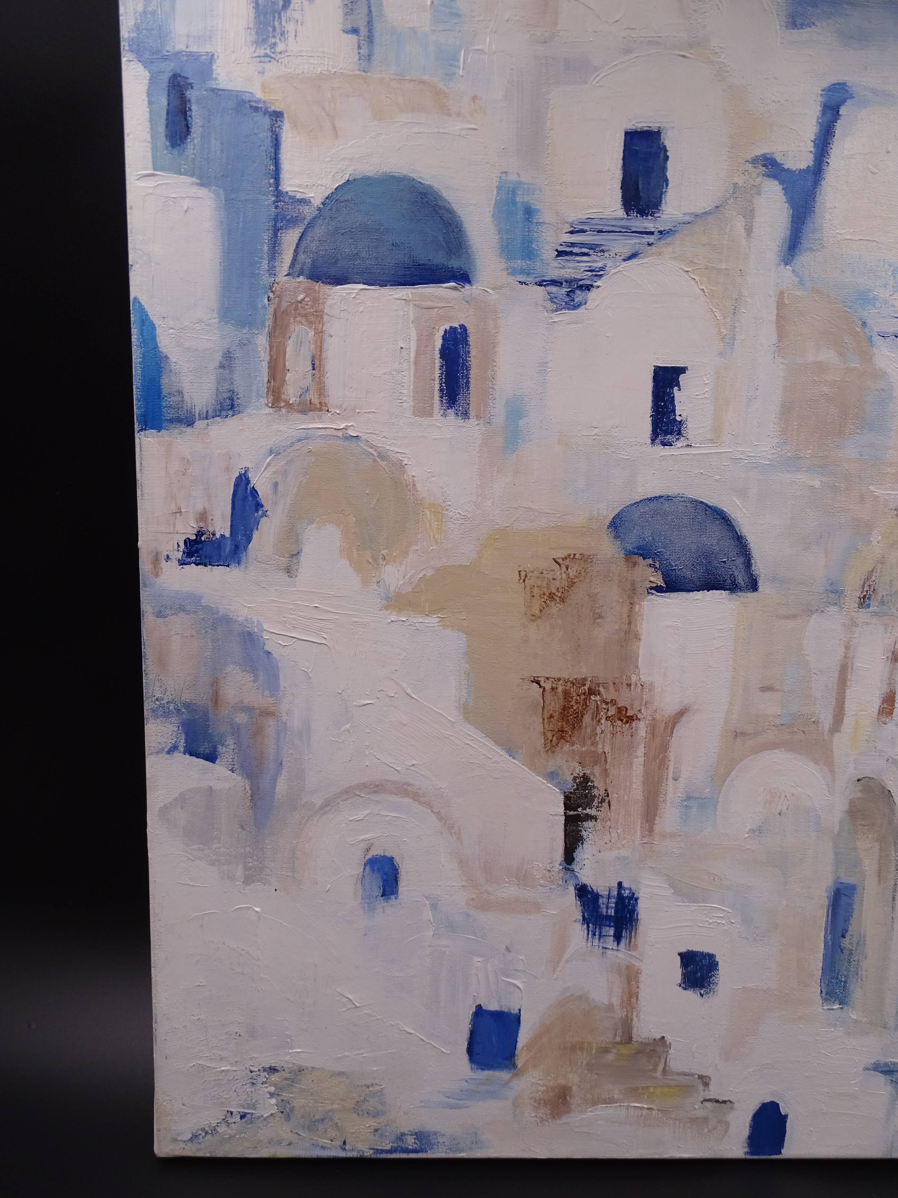The Greek village - Pastel blue and ochre tones - Signed dated