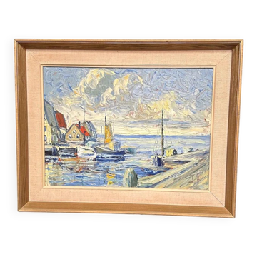 Original Scandinavian Oil on Panel – “Port with Moored Sailboats” – Signed – Vintage & Framed – 68 × 53 cm (26.8" × 20.9")
