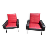 paire d'anciens fauteuils pieds compas skai / vintage