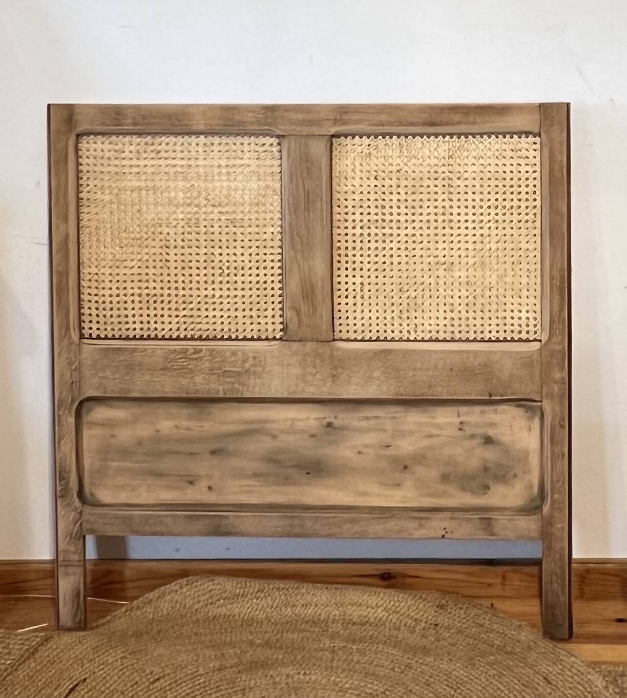 Vintage headboard in solid raw oak and cane - single bed