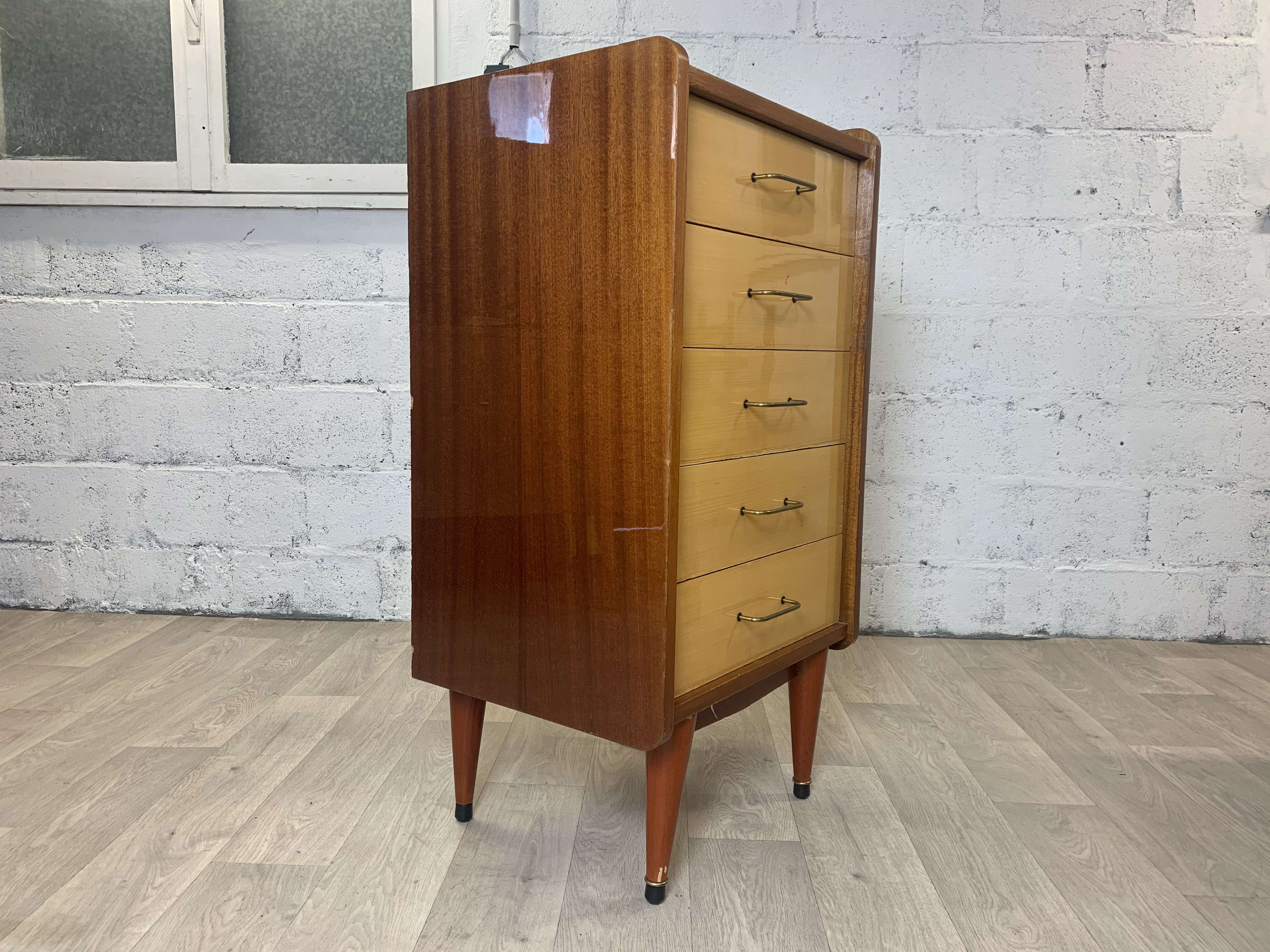 Chest of drawers 5 drawers vintage mahogany varnish, 60s