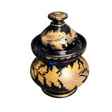 Antique covered pot or sugar bowl in blue and gold glass, early 20th century