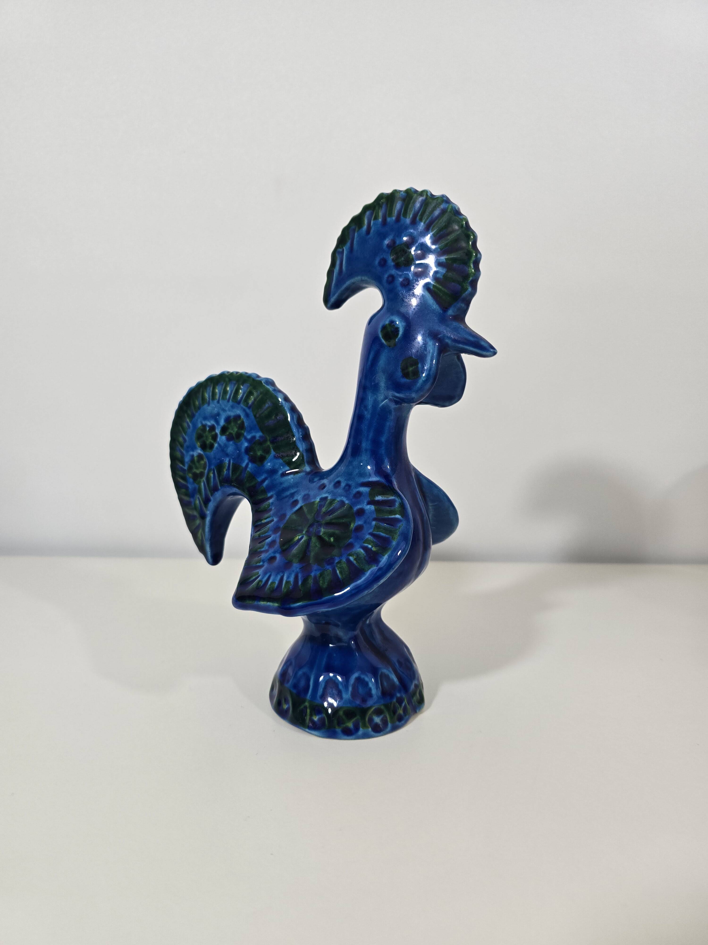 blue glazed ceramic rooster by Aldo Londi for Bitossi