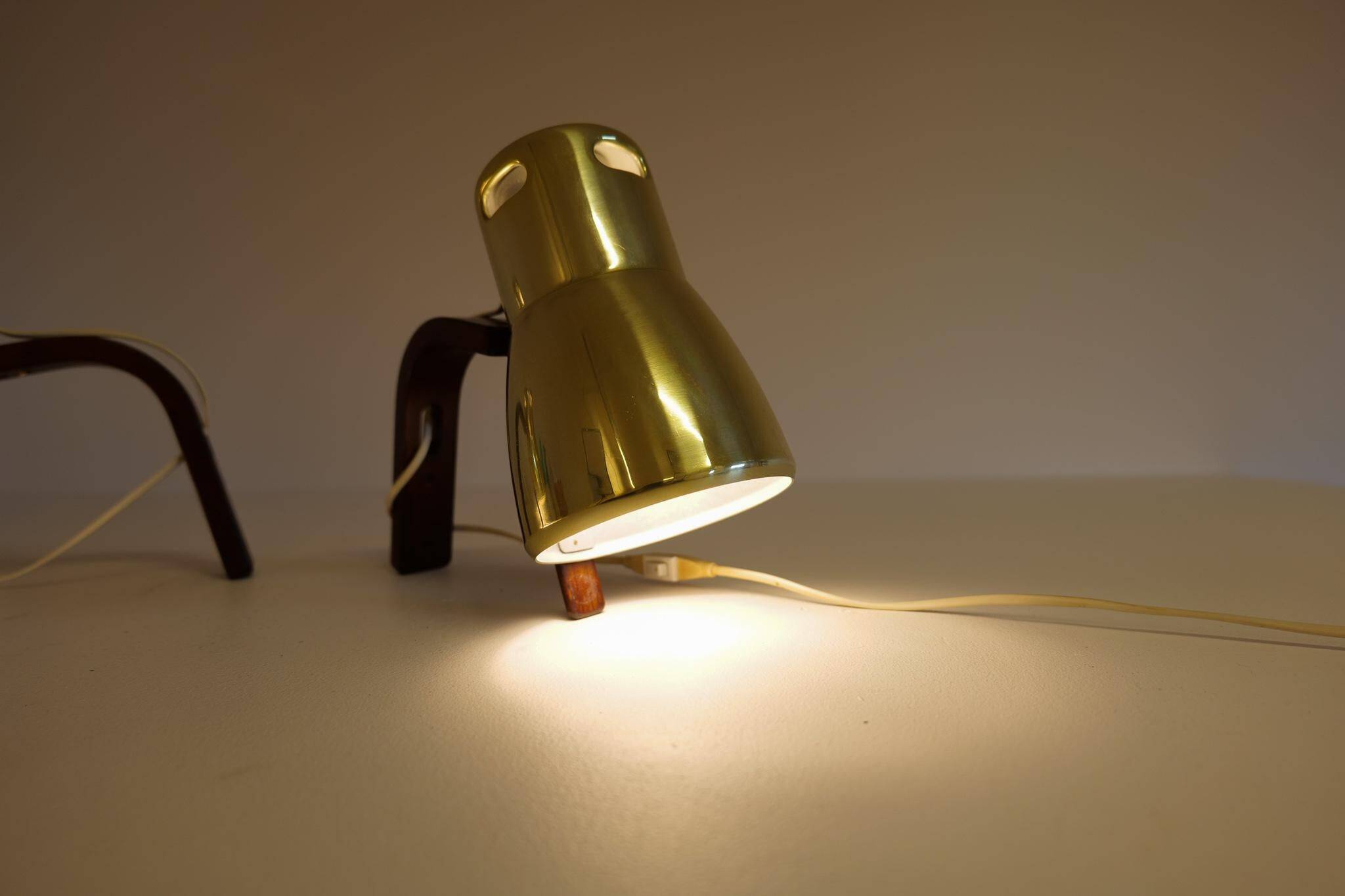 Hans-Agne Jakobsson Wall Lamps in Brass and Stained Wood, Sweden, 1970s