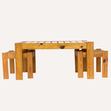 Scandinavian slatted pine coffee nesting table bench with stools or side tables, 1970s
