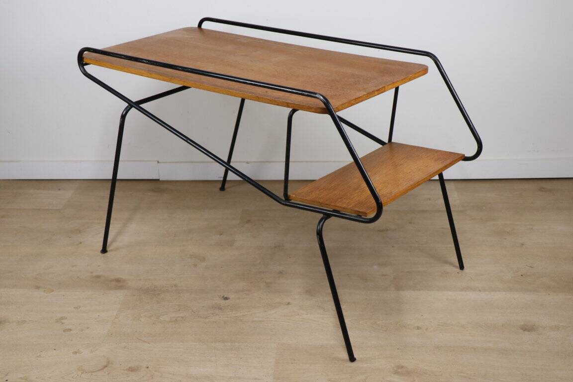 Vintage side coffee table in black lacquered metal and oak, 1950