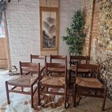 Chaises de salle à manger rustiques en teck et jonc de style français du milieu du siècle (x6)