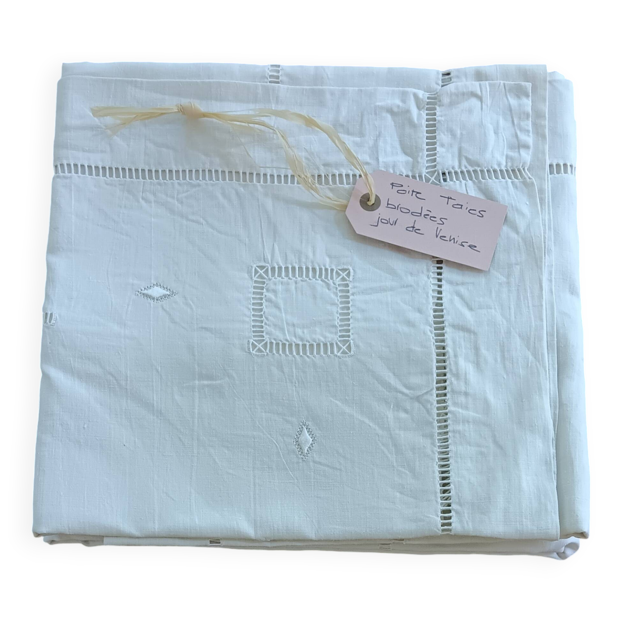 Large vintage white linen embroidered pillowcases (set of 2)