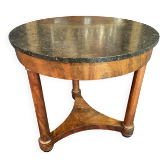 Large circular Empire pedestal table on 3 walnut columns with marble top, 19th century