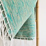 Plaid tissé main vert et lin à fines rayures - franges fines