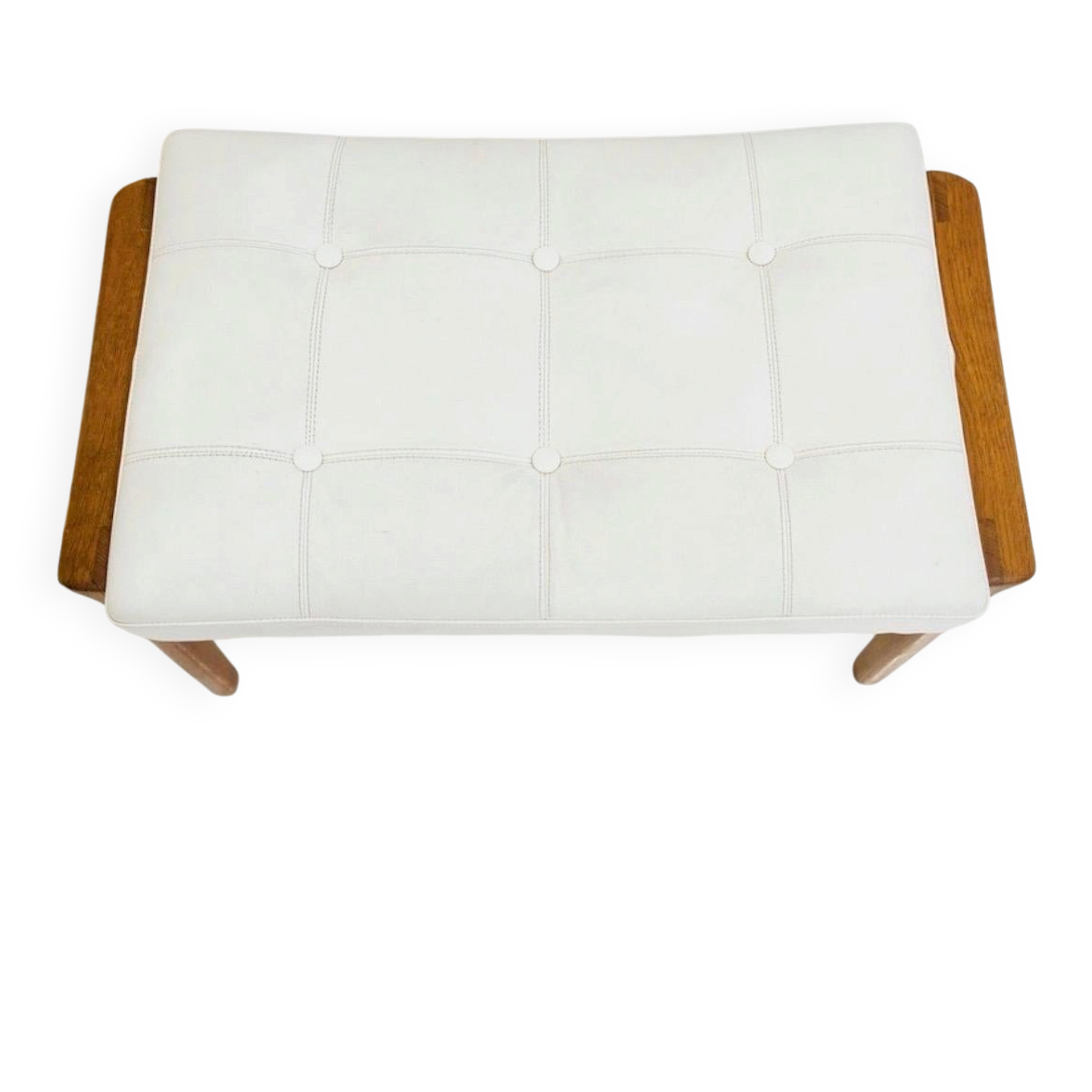 Paire d'ottomans tapissés en teck et cuir blanc