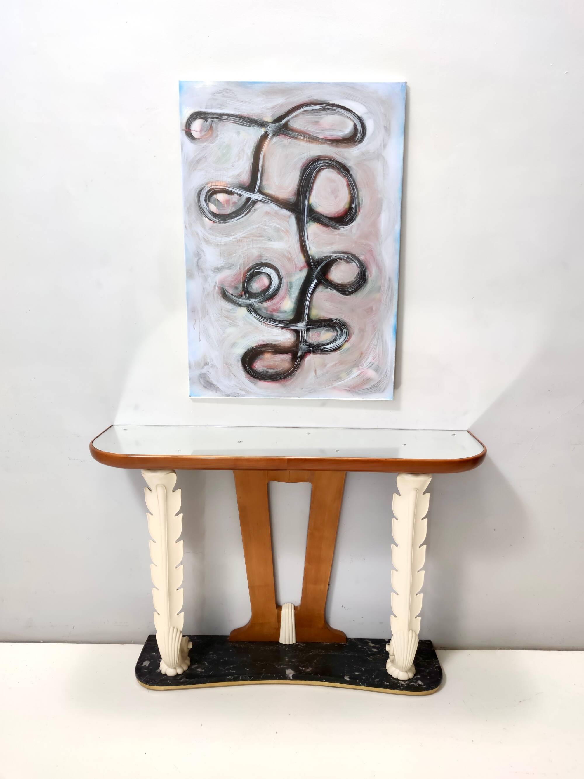 Wooden Console Table with a Mirrored Top Osvaldo Borsani style , Italy