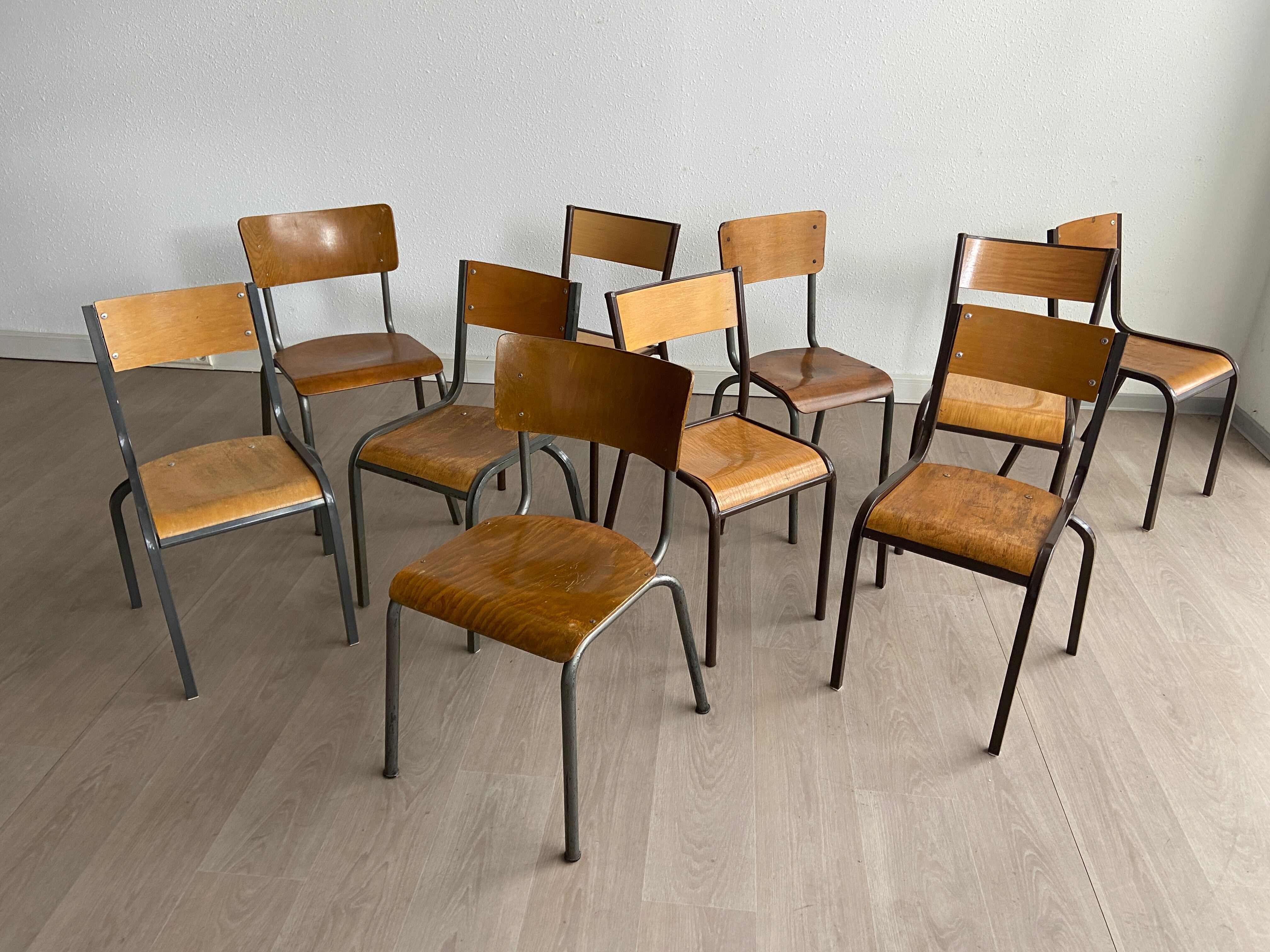 Set of 10 mismatched industrial chairs vintage mullca