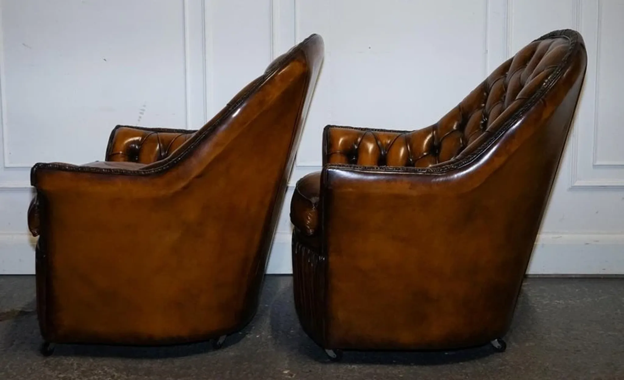 Brown Hand-Dyed Leather Chesterfield Armchairs with Pleated Front, Set of 2