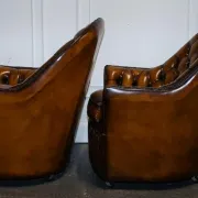 Brown Hand-Dyed Leather Chesterfield Armchairs with Pleated Front, Set of 2
