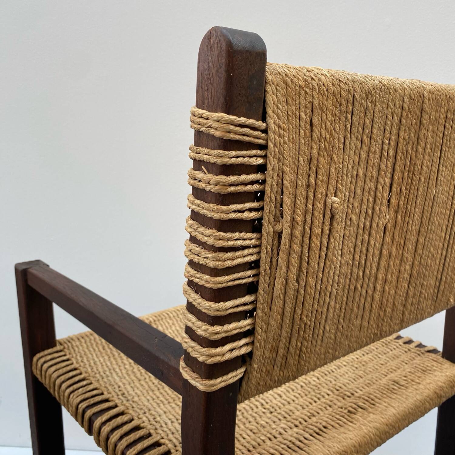 Brutalist armchair in wood and rope