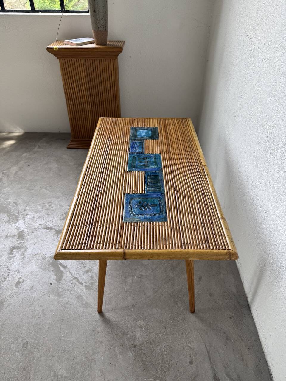 Rattan and ceramic coffee table, 60s