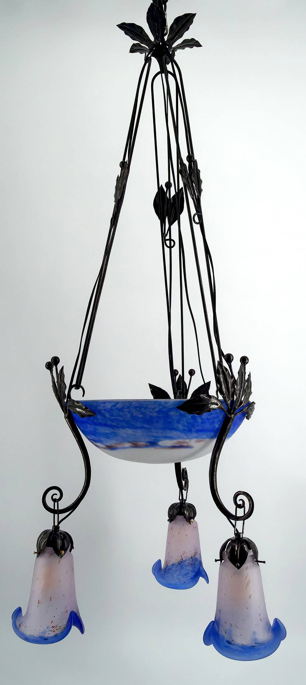 Wrought Iron and Blue Glass Paste Chandelier, Art Deco, France