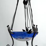 Wrought Iron and Blue Glass Paste Chandelier, Art Deco, France