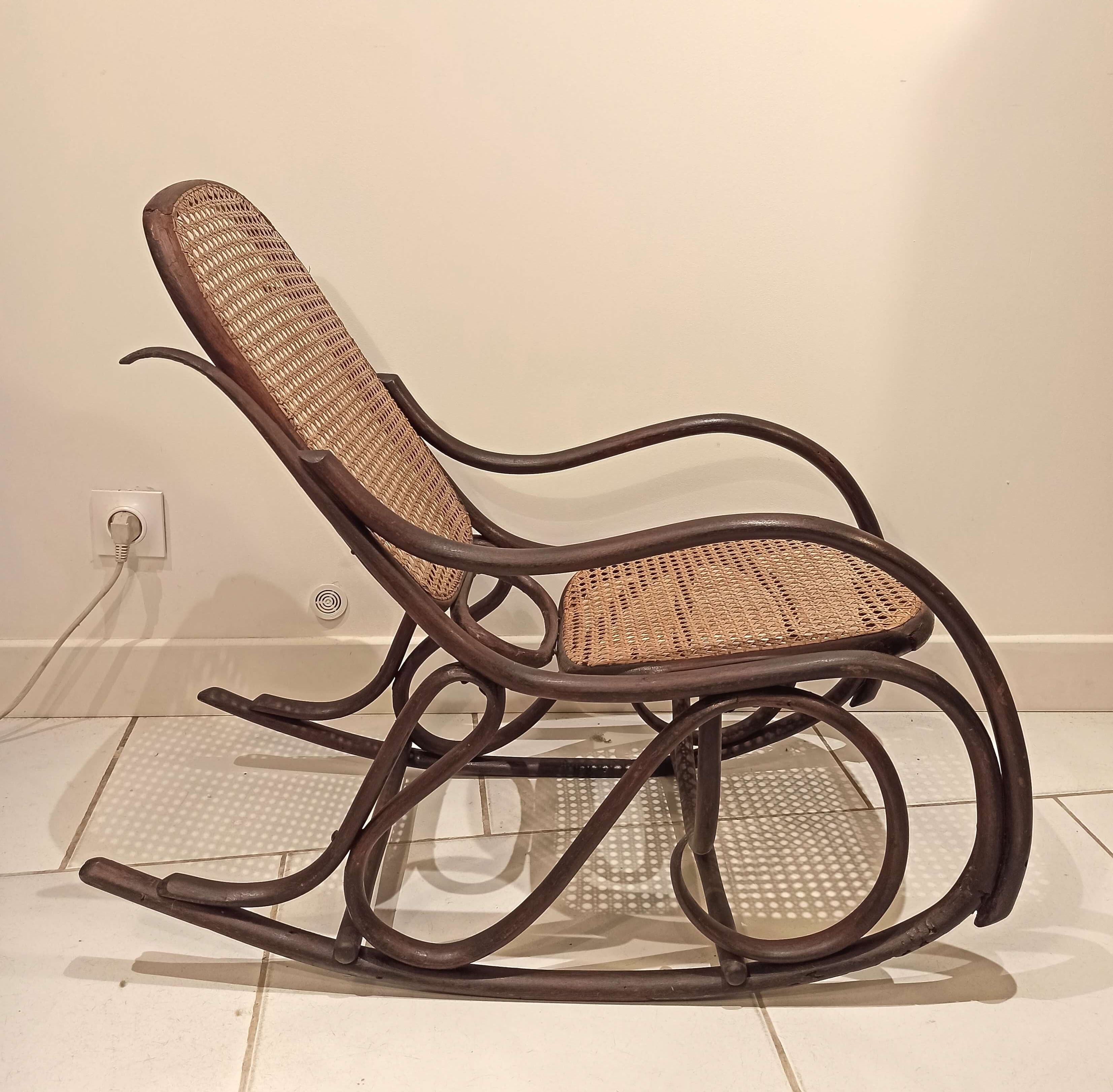 Vintage rocking chair for children in dark rattan and canework, rocking chair