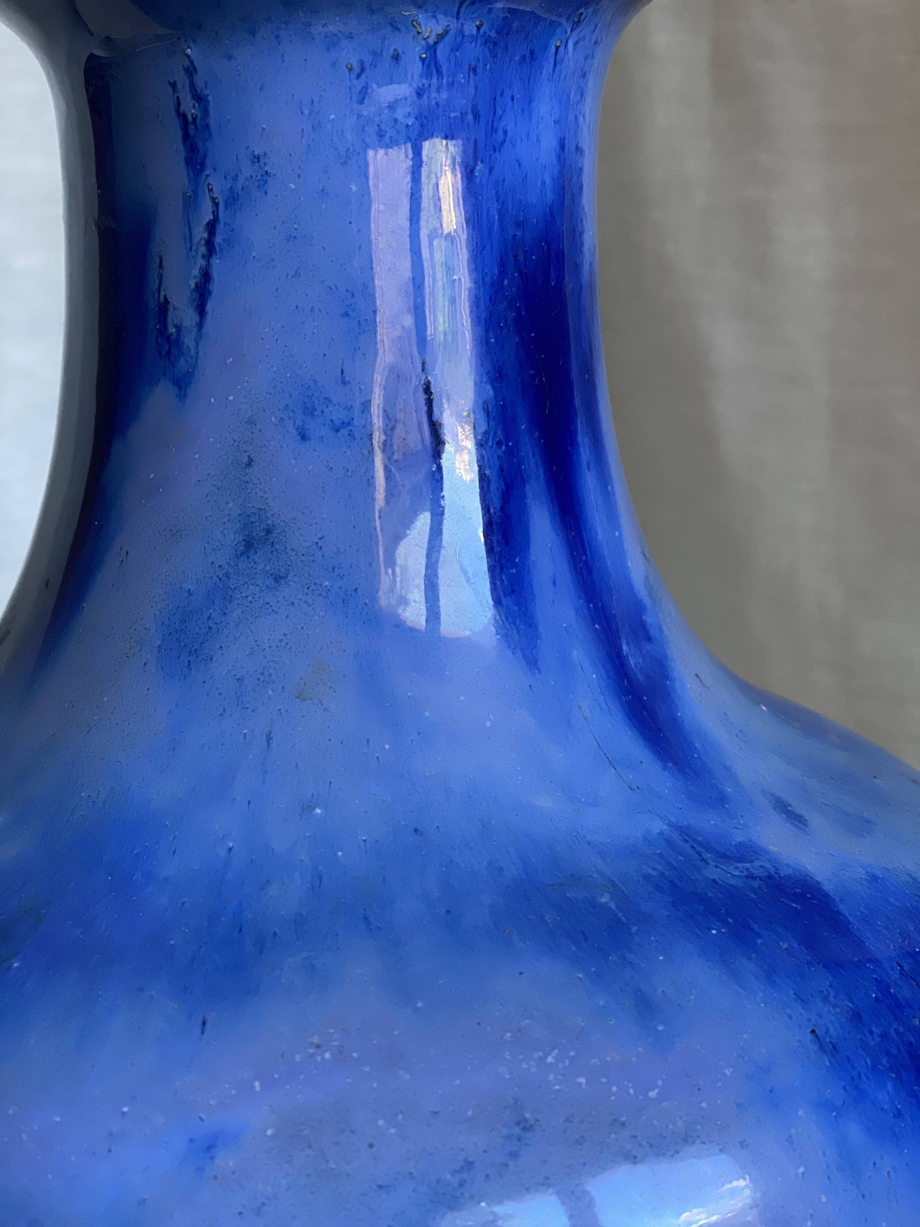 Grand vase Grés flammé bleu vintage 1930