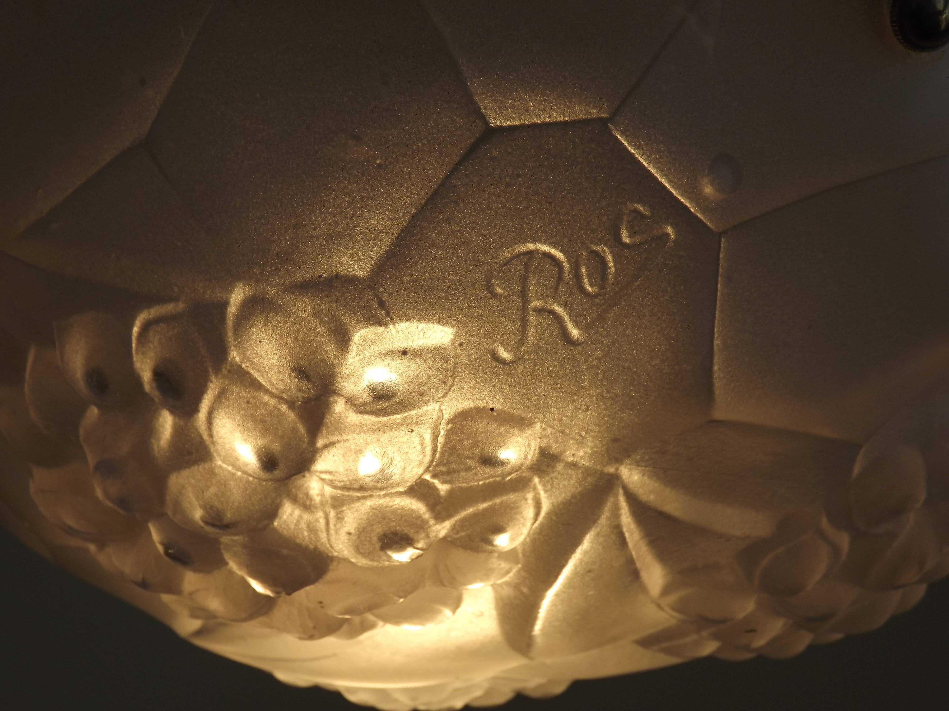 French Art Deco Ceiling Light ROS Degue Frosted Molded Glass Plafonnier