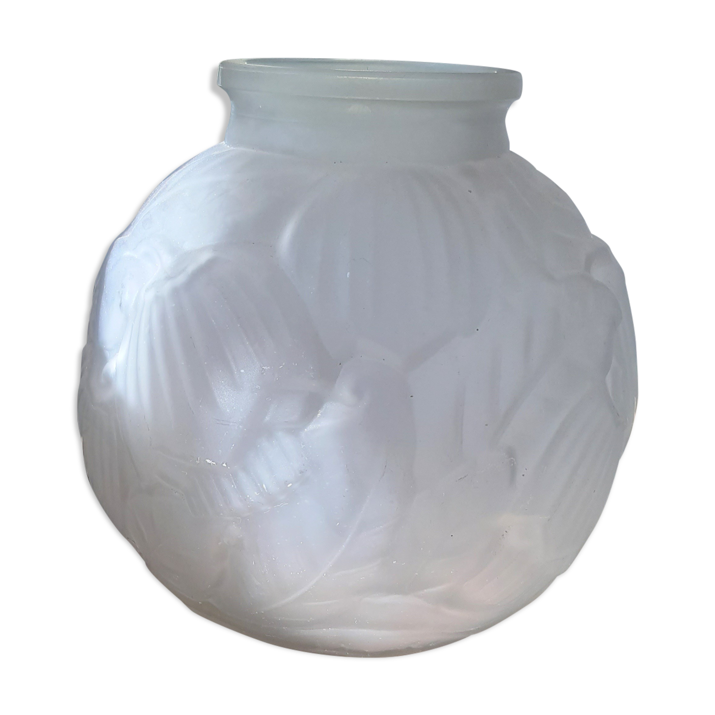 art deco vase patterns flowers opaque white moulded glass bells
