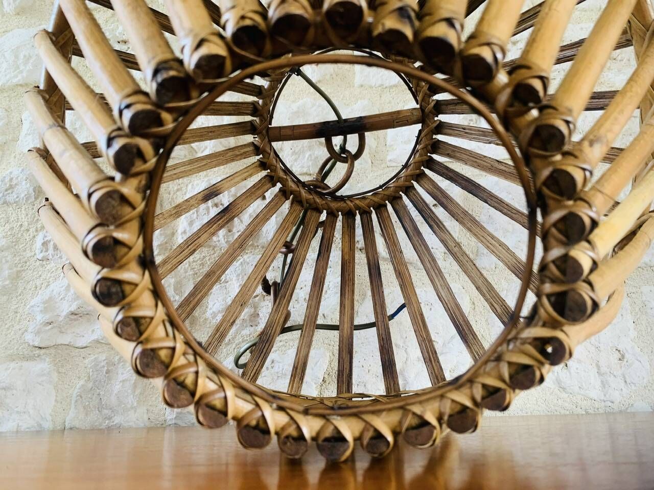 Large vintage pendant light in bamboo and rattan, circa 1960's