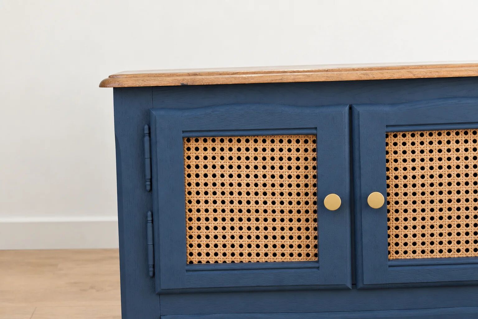 Small renovated vintage buffet in blue from Vosges, Libéron and caning – 2 doors, 2 drawers