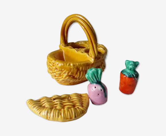 Service a condiment en barbotine panier saliere moutardier style vallauris