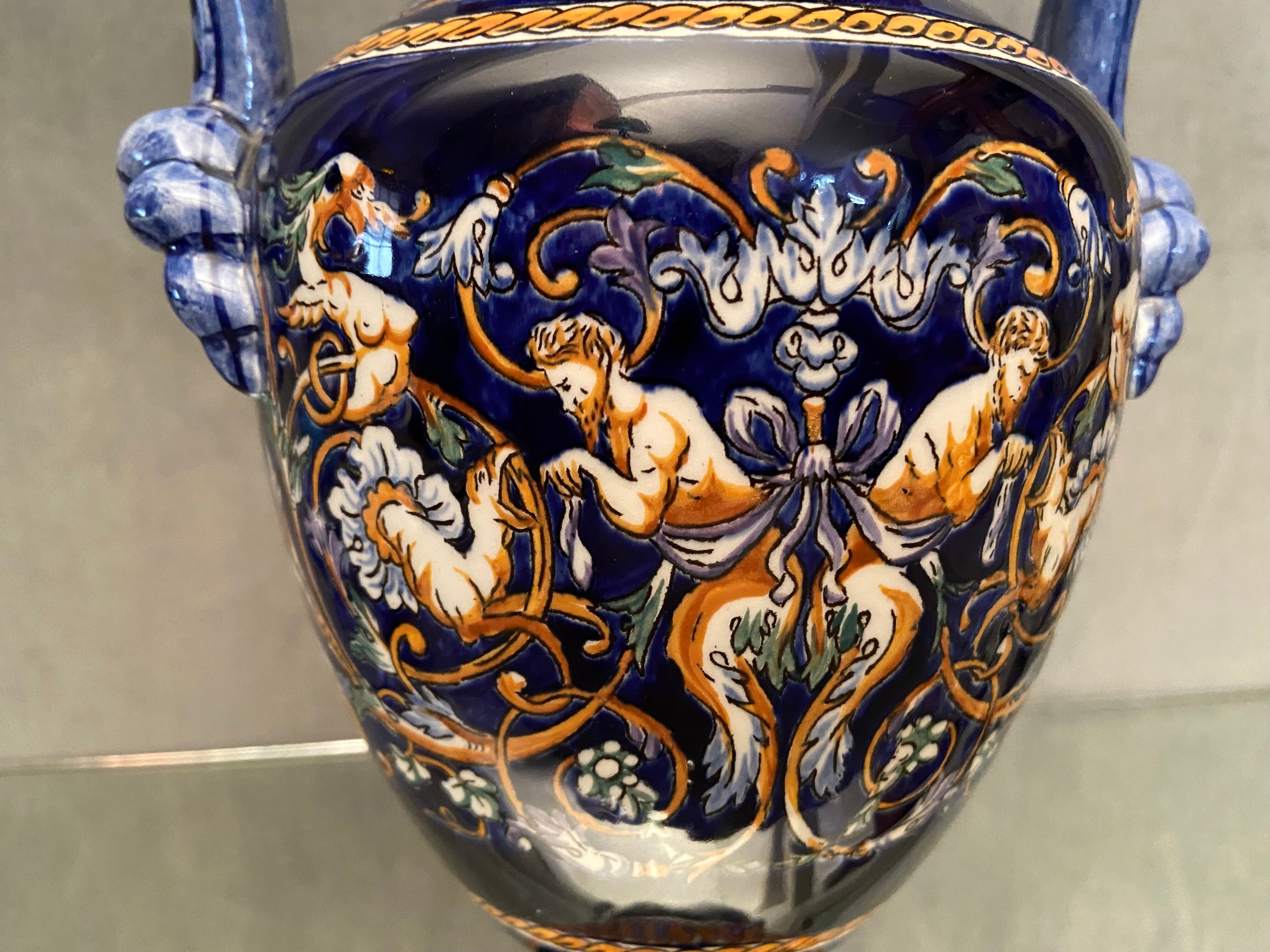 Vase on pedestal with handles in earthenware Gien Italian Renaissance decoration
