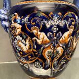 Vase on pedestal with handles in earthenware Gien Italian Renaissance decoration
