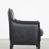 Black Art Deco design cow leather and wooden armchair with loose cushion