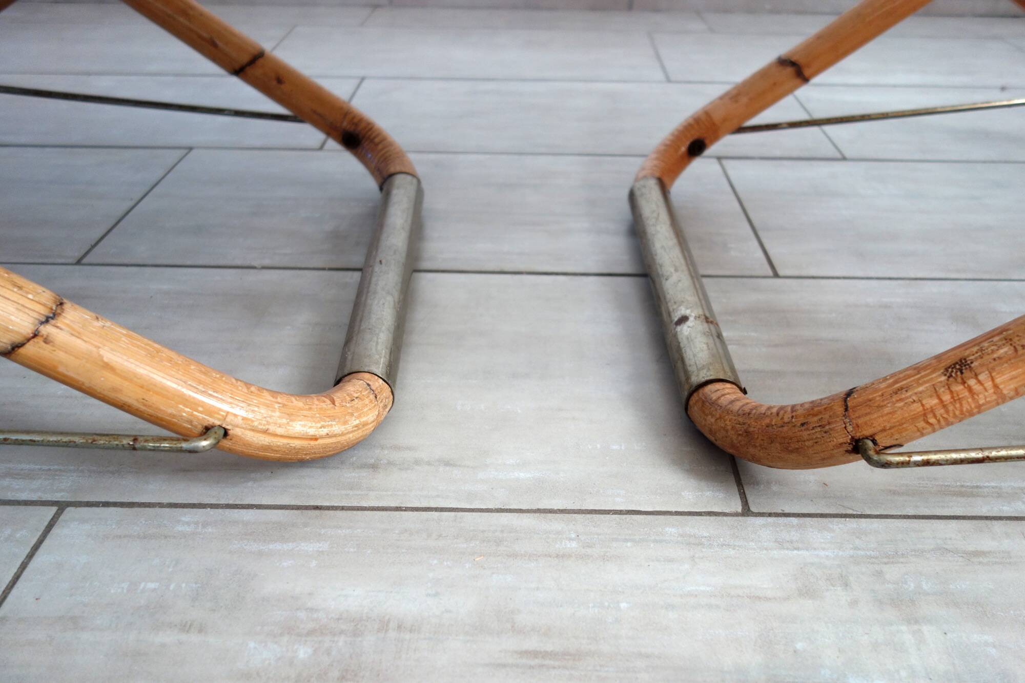 Pair of folding bamboo and brass deck chairs, Italy, 1960s.