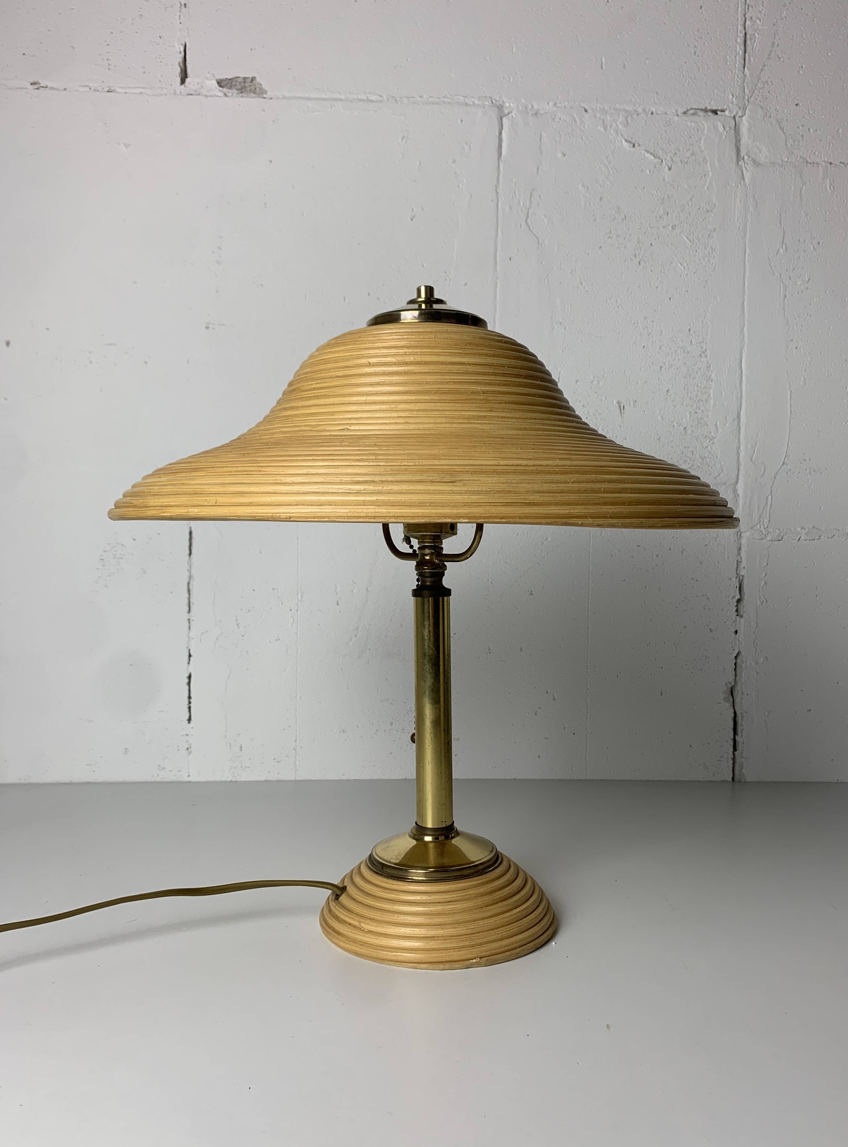 Pencil reed rattan bamboo and brass table lamp, Italy, 1970s