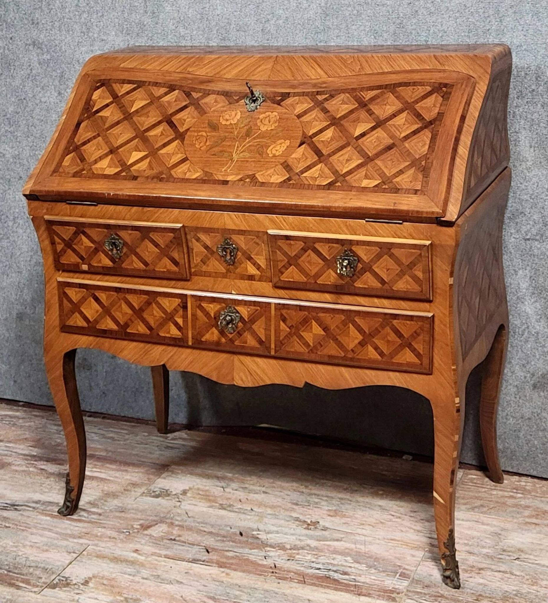 Louis XV period curved secretary desk in marquetry, circa 1750