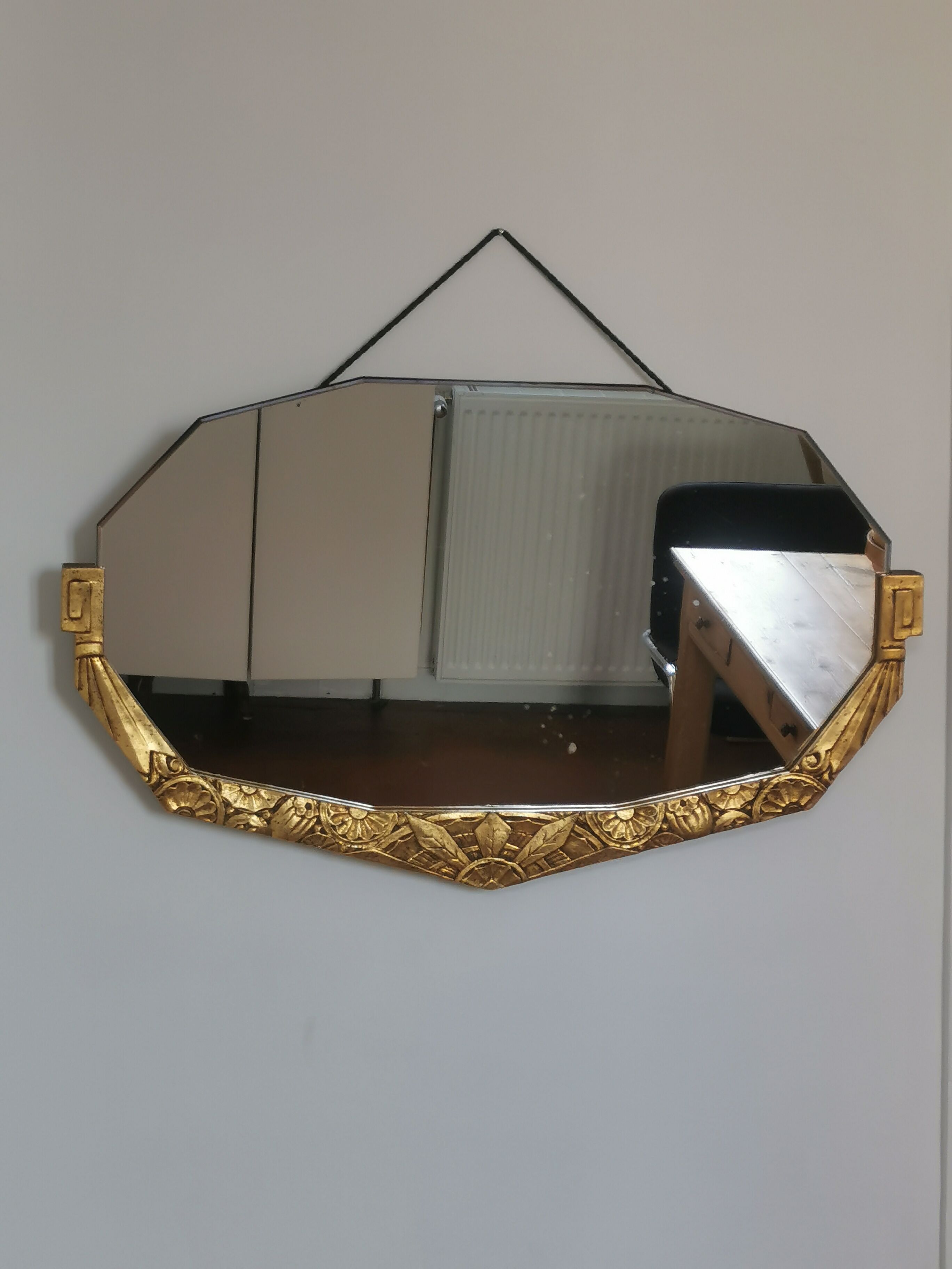 Golden Art Deco beveled mirror 65x38cm