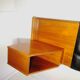 Mid century 1970s retro teak headboard with two hinged bedsides, upholstered in black by 'slumberlan
