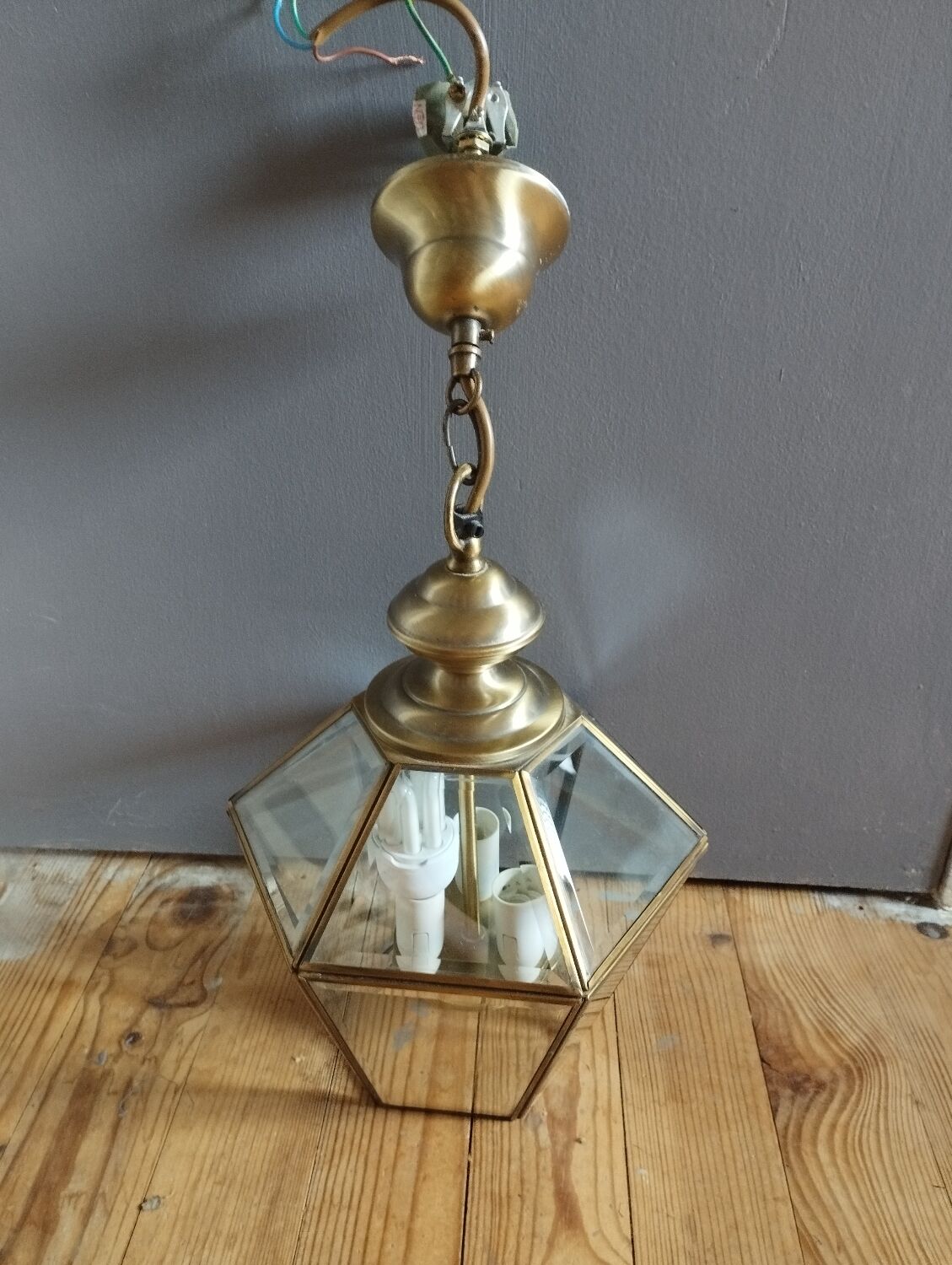 Lanterne suspendue 6 faces verre biseauté et laiton