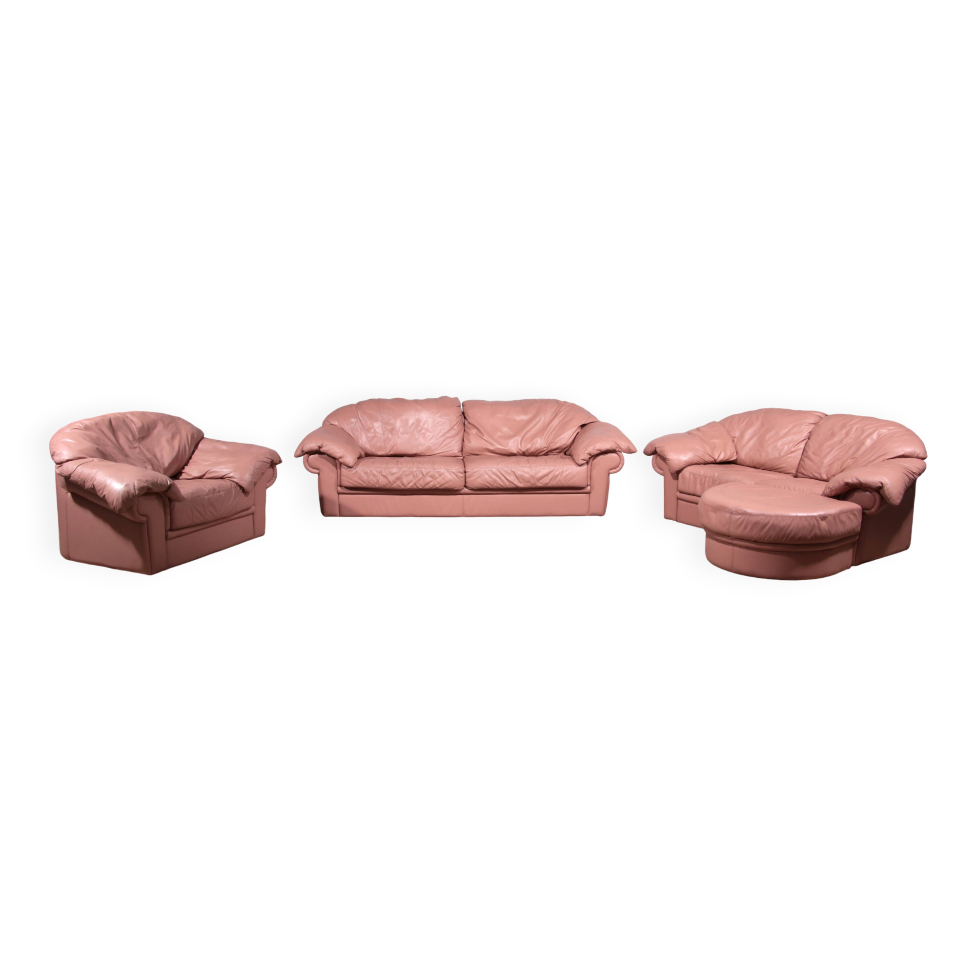 Ensemble de salon italien vintage – 4 pièces en cuir rose (années 1970)