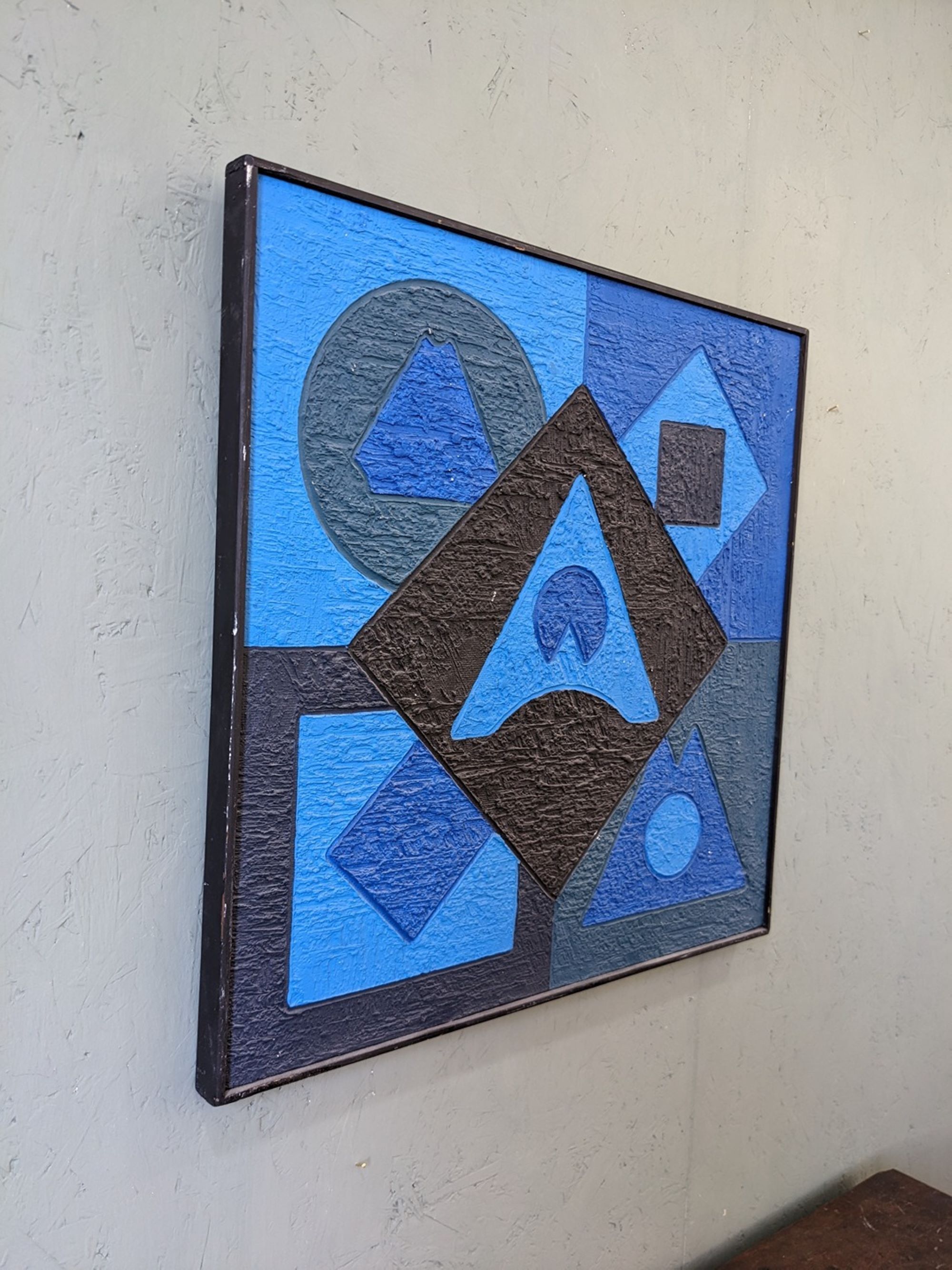 Mid-Century Modern Swedish "Geometric Blue", Vintage Abstract Oil Painting, Framed