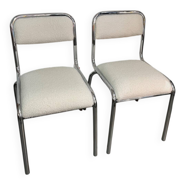 Paire chaises chrome tapissées tissu bouclette