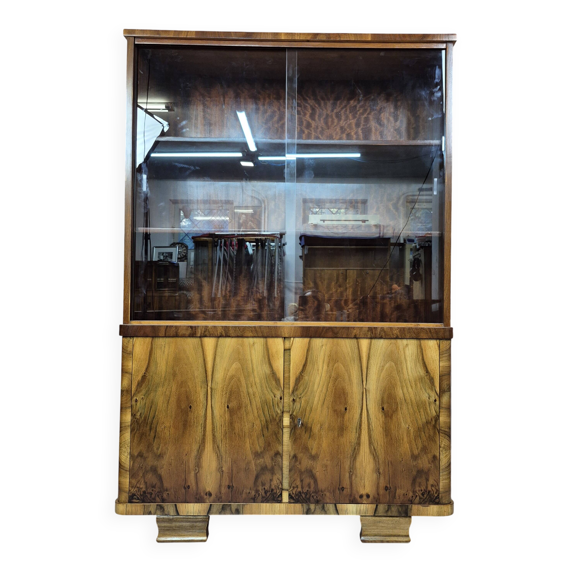 Restored 1950s Art Deco Style Bookcase Display Cabinet with Flame Veneer