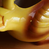 Ceramic watering can in white earthenware, yellow enamel and bird shape
