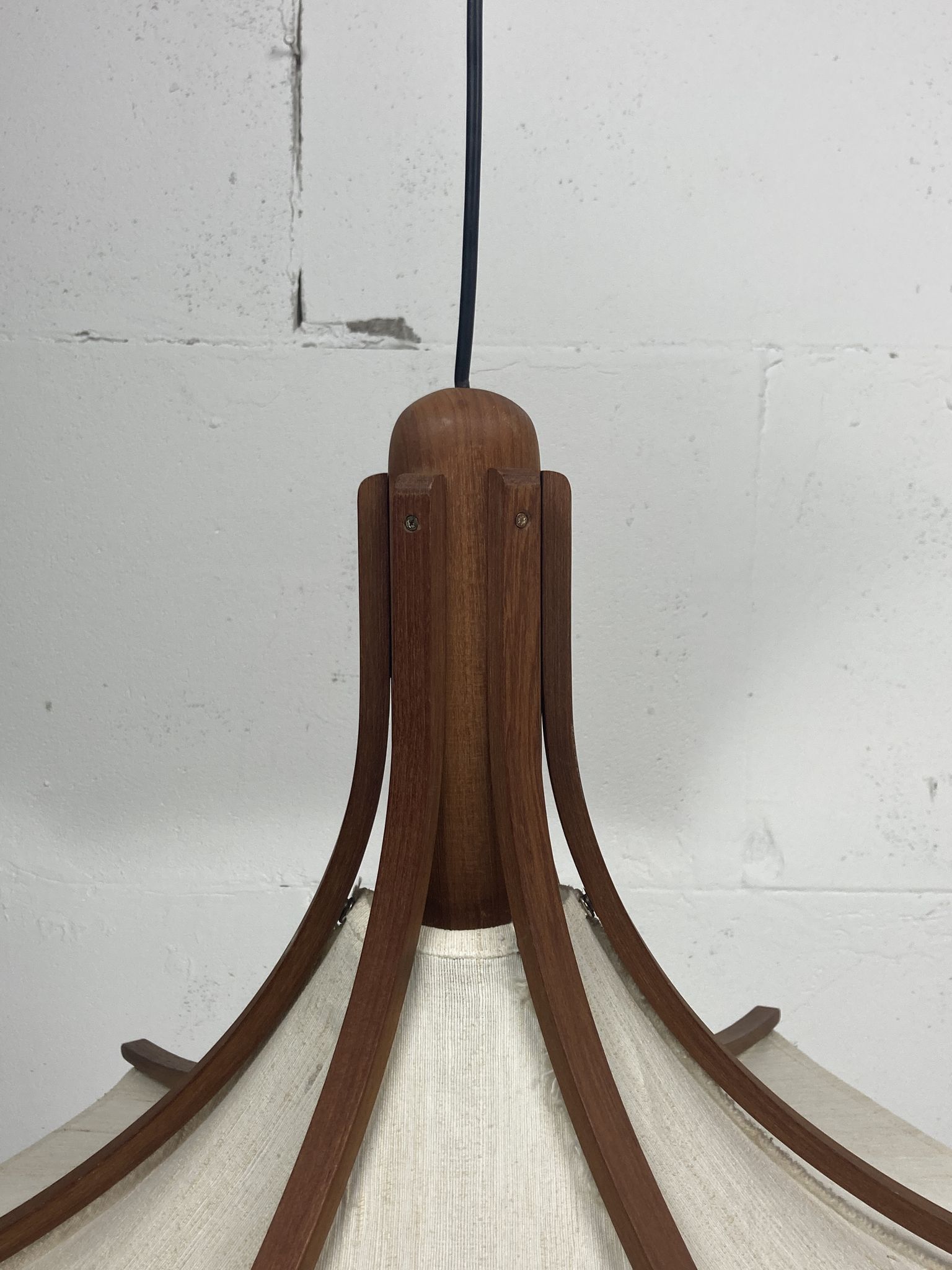 Teak and linen umbrella counter balance pendant by Domus, 1970s