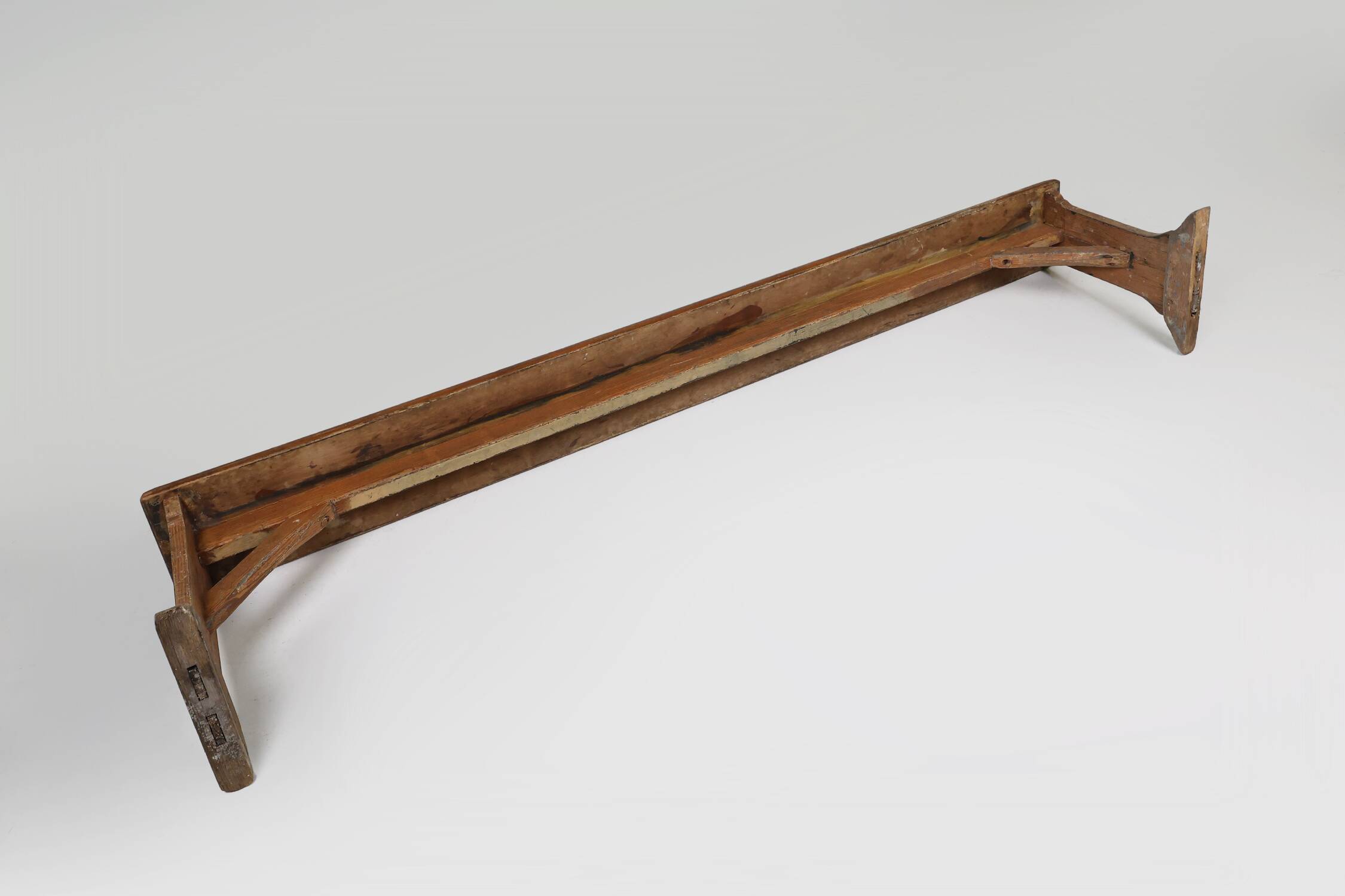 Rustic French bench in oak with carvings and nice patina, ca. 1850